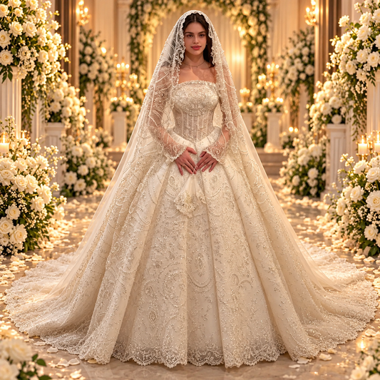 Luxury Beaded Lace A-Line Wedding Dress