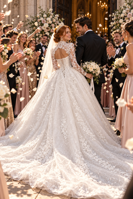 Pearl Embellished Long Sleeve A-Line Wedding Dress