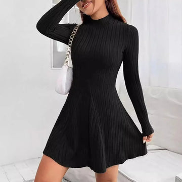 Elegant Slim-Fit Turtleneck A-Line Knit Dress | Long Sleeve & Waist-Defining