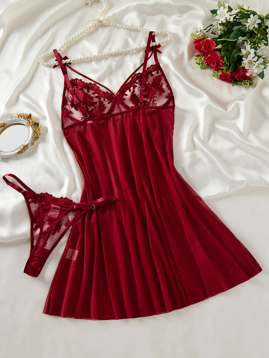 Wine Red Embroidered Nightgown – Elegant Semi-Sheer Sleepwear
