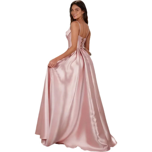 The Aria Satin A-Line Gown – Spaghetti Strap Formal Dress with Slit & Pockets