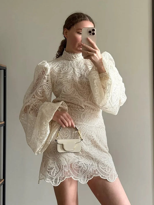 The Vienna Lace Mini Dress – High Neck Long Sleeve Elegance