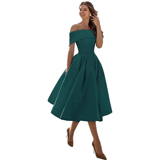 Maison Luxe Off-Shoulder Elegance Midi Dress – Timeless Evening Glamour