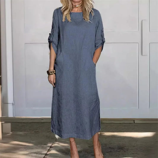 Cotton Linen Midi Dress with Pockets – Relaxed Everyday Fit