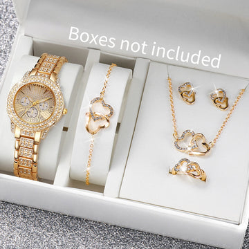 Luxury Diamond Watch & Heart Jewelry Set – 6PCS