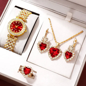 Luxury Gold Watch & Jewelry Set – 5-Piece Rhinestone Elegance