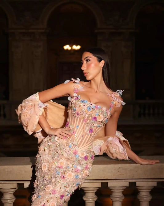 Floral Appliqué Mermaid Evening Gown