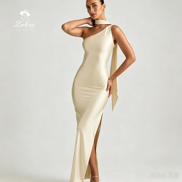 Ivory Satin One Shoulder Evening Dress with Halter Neck and Slit Floor Length Elegant Party Dress Women's Formal Evening Gown