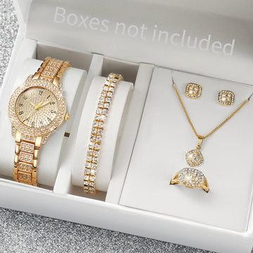 Luxury Diamond Watch & Jewelry Set – 6PCS Gold Edition