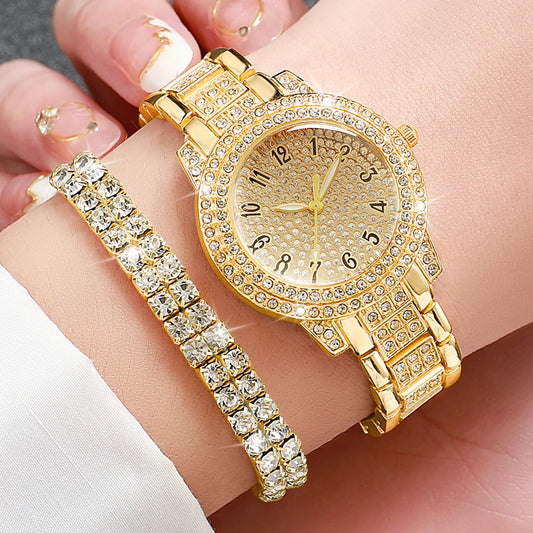 Luxury Diamond Watch & Jewelry Set – 6PCS Gold Edition