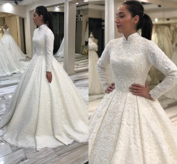 High Neck Lace Beaded Wedding Gown