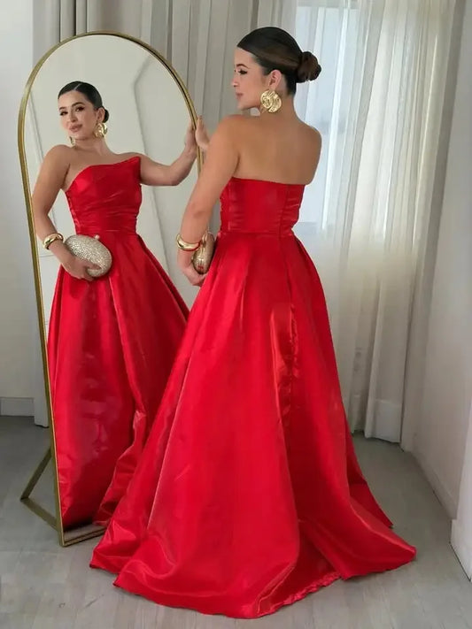 Red Strapless Satin Ball Gown with Train – Custom Evening Dress