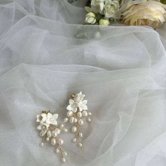 Porcelain Flower Pearl Bridal Earrings