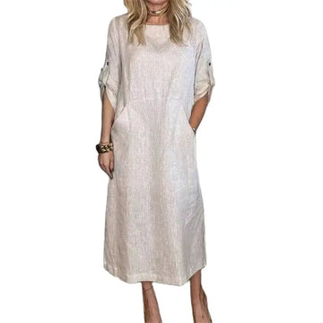 Cotton Linen Midi Dress with Pockets – Relaxed Everyday Fit