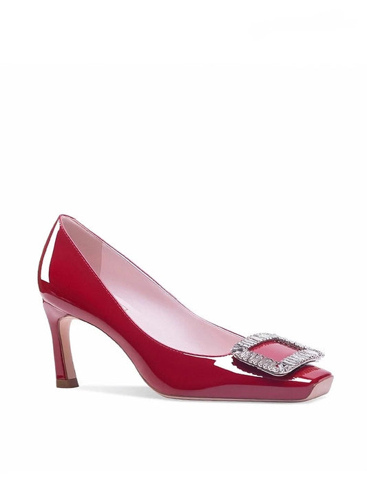 Women’s Square Toe Heels – Patent Leather with Rhinestone Buckle