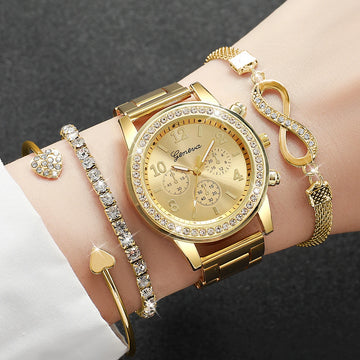 Luxury Rhinestone Watch & Bracelet Set – 4PCS