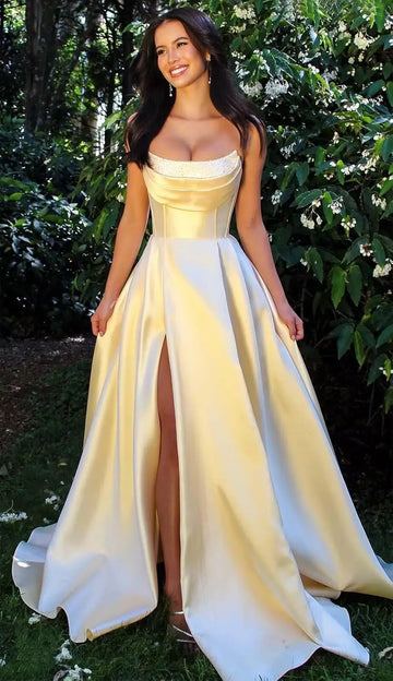 The Seraphina Satin Corset Gown – Strapless Formal Dress with Slit & Hidden Pockets