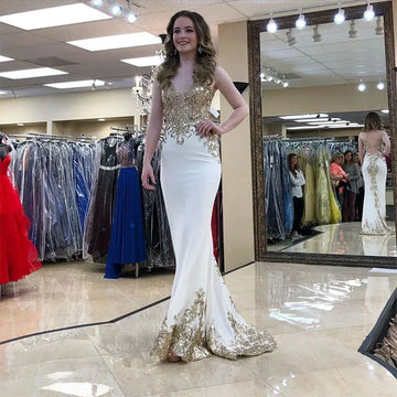 Gold Appliqué Backless Evening Gown