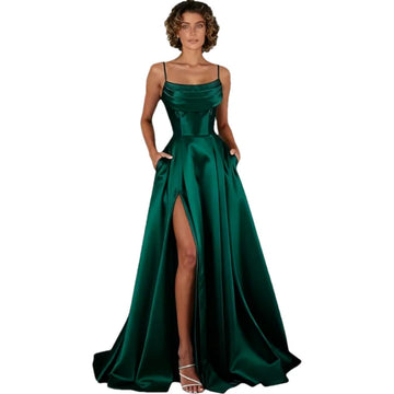 The Aria Satin A-Line Gown – Spaghetti Strap Formal Dress with Slit & Pockets