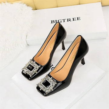 Luxury Patent Leather Heels – Square Toe with Crystal Rhinestone Buckle