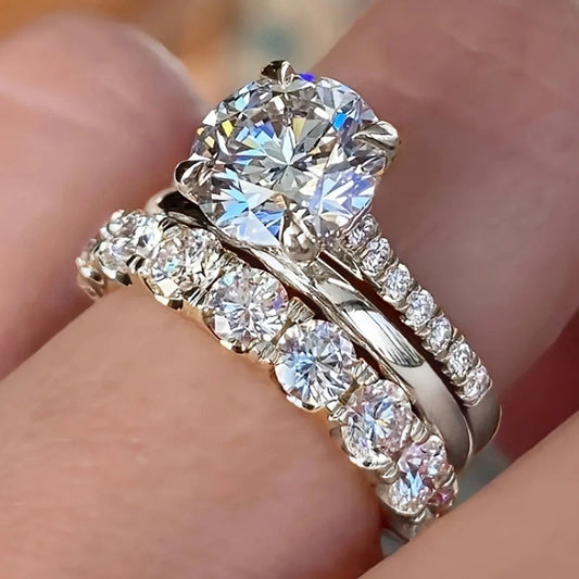 HUITAN Luxury Zirconia Ring Set – 3-Piece Timeless Elegance