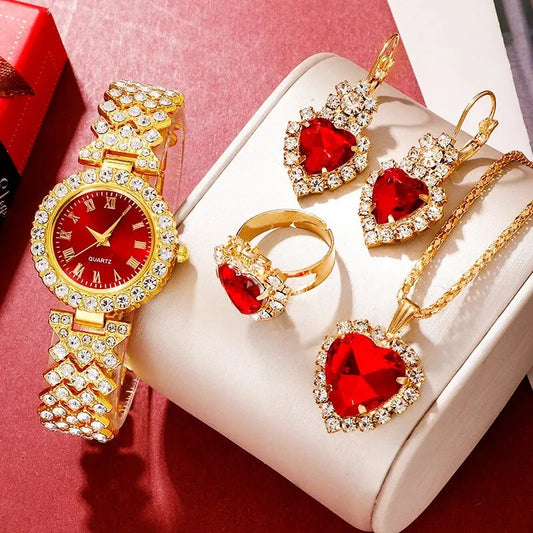 Luxury Gold Watch & Jewelry Set – 5-Piece Rhinestone Elegance