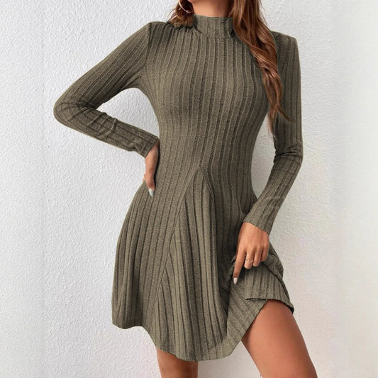 Elegant Slim-Fit Turtleneck A-Line Knit Dress | Long Sleeve & Waist-Defining