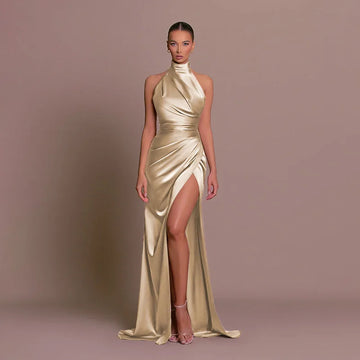 Luxury Satin Backless Maxi Dress with High Slit