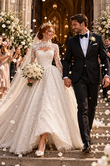 Pearl Embellished Long Sleeve A-Line Wedding Dress
