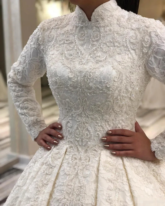 High Neck Lace Beaded Wedding Gown