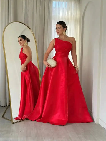 Red Strapless Satin Ball Gown with Train – Custom Evening Dress