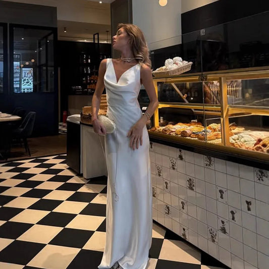 Satin Backless Maxi Dress – Curve-Enhancing Elegant Party Gown