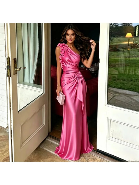 One-Shoulder Floral Satin Gown