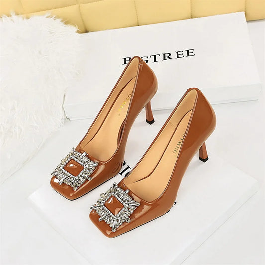 Luxury Patent Leather Heels – Square Toe with Crystal Rhinestone Buckle