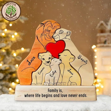 Lion Family Personalized Wooden Decor – Custom Name Family Keepsake Gift