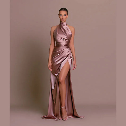 Luxury Satin Backless Maxi Dress with High Slit