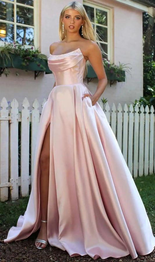 The Seraphina Satin Corset Gown – Strapless Formal Dress with Slit & Hidden Pockets