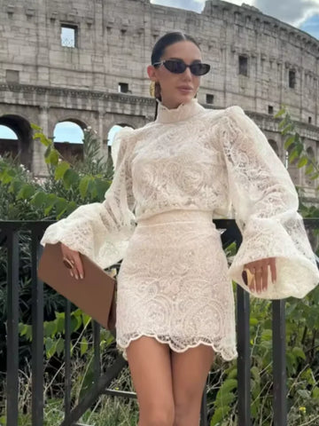 The Vienna Lace Mini Dress – High Neck Long Sleeve Elegance