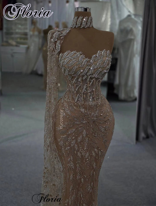 Champagne One-Shoulder Evening Gown