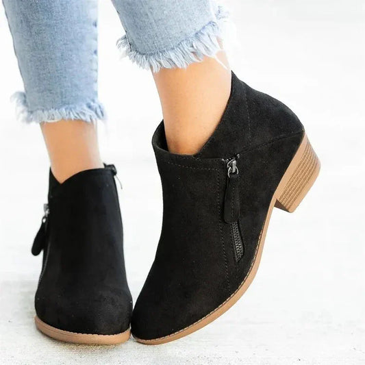 Women’s Pointed Toe Ankle Boots – Low Chunky Heel with Side Zipper